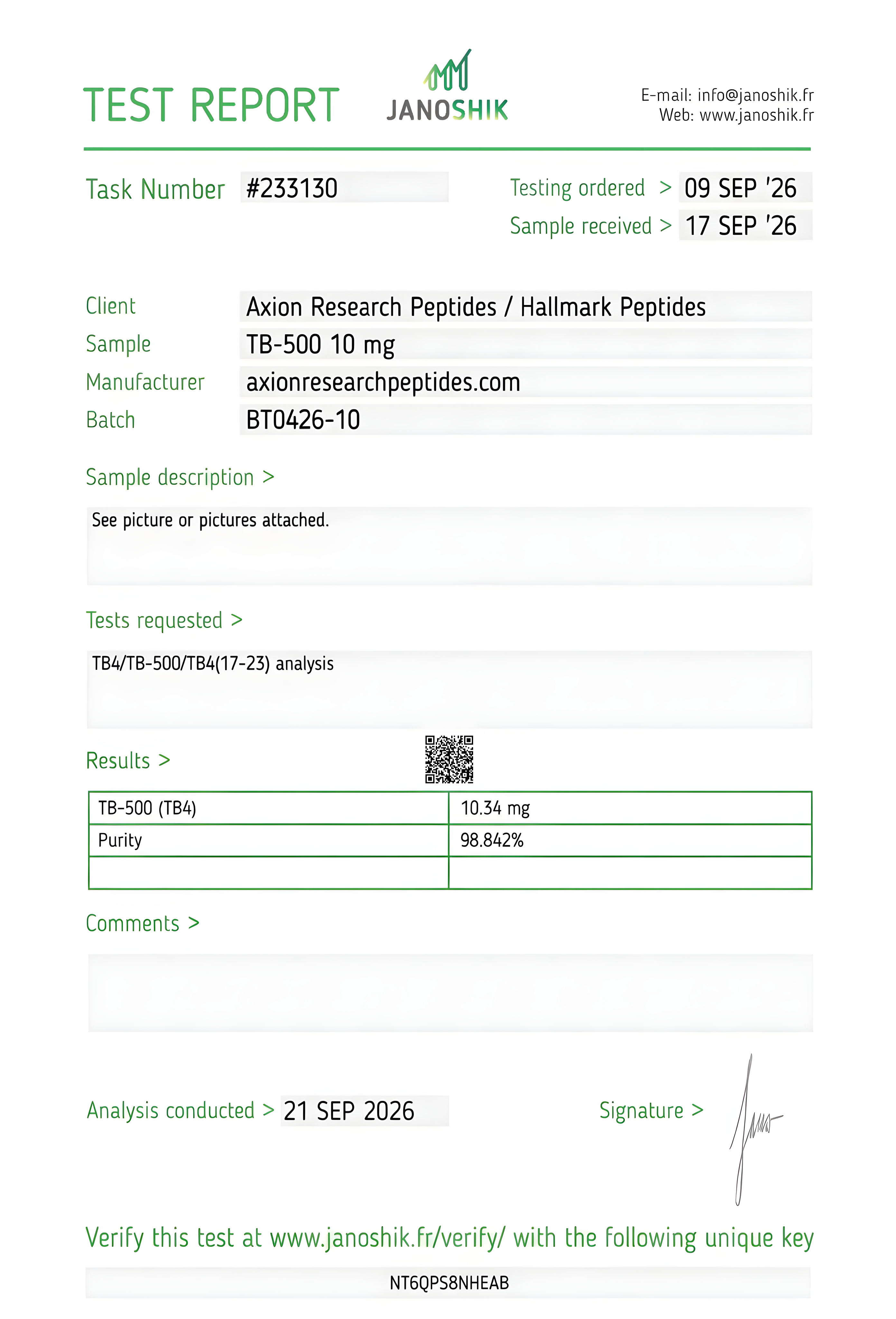 Janoshik Analytical - Task #233130 TB-500 10 mg