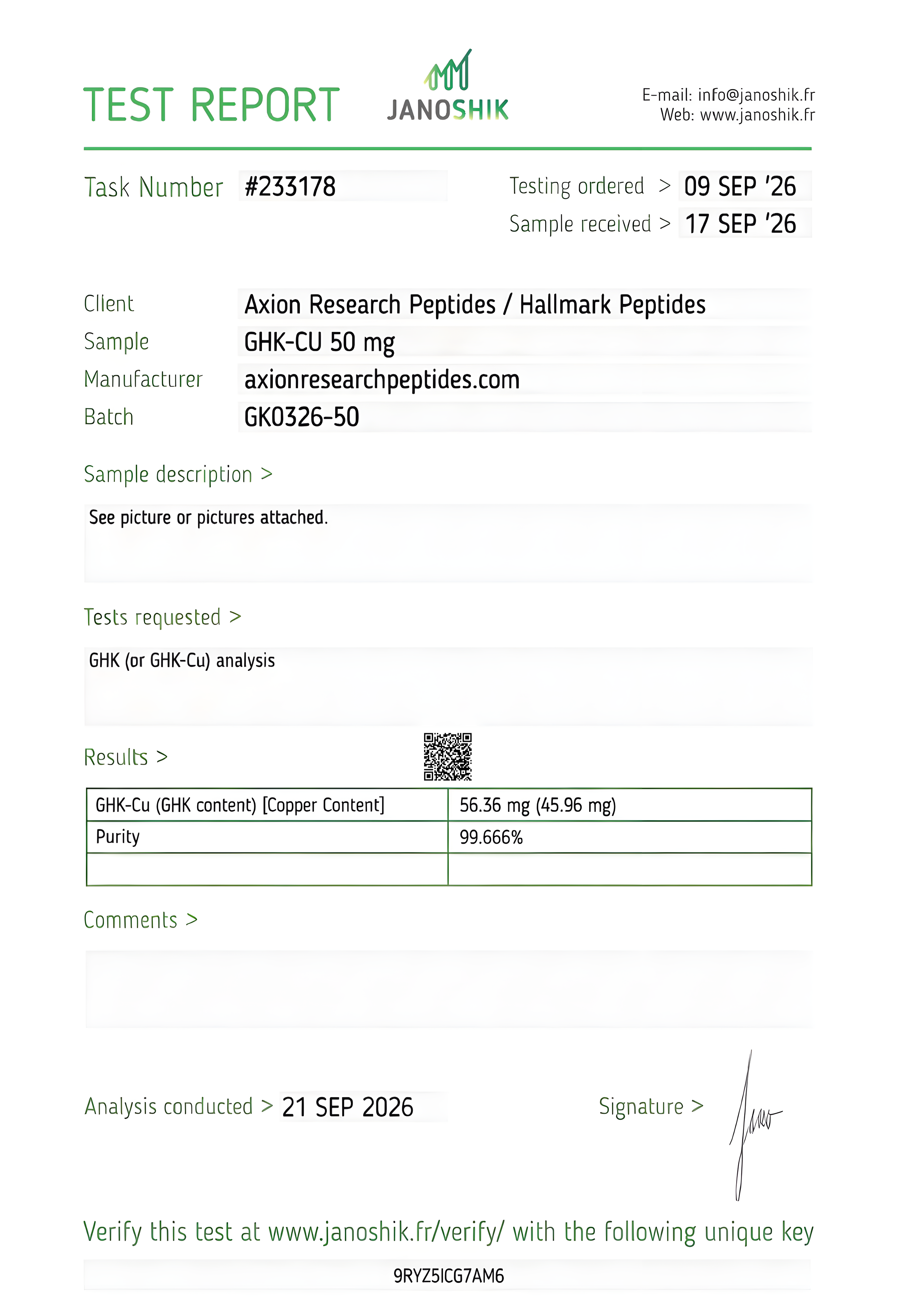 Janoshik Analytical - Task #233178 GHK-CU 50 mg