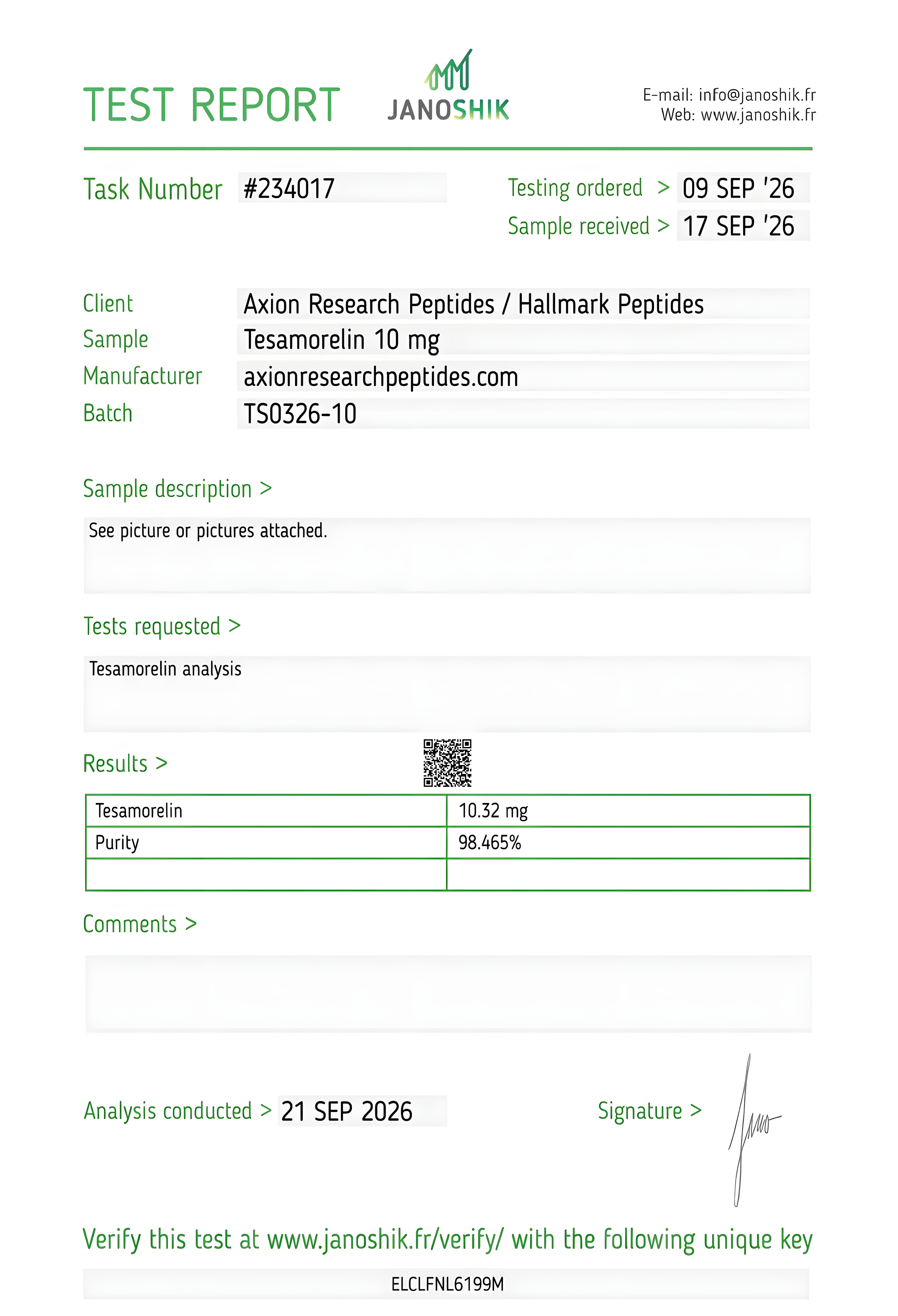 Janoshik Analytical - Task #234017 Tesamorelin 10 mg