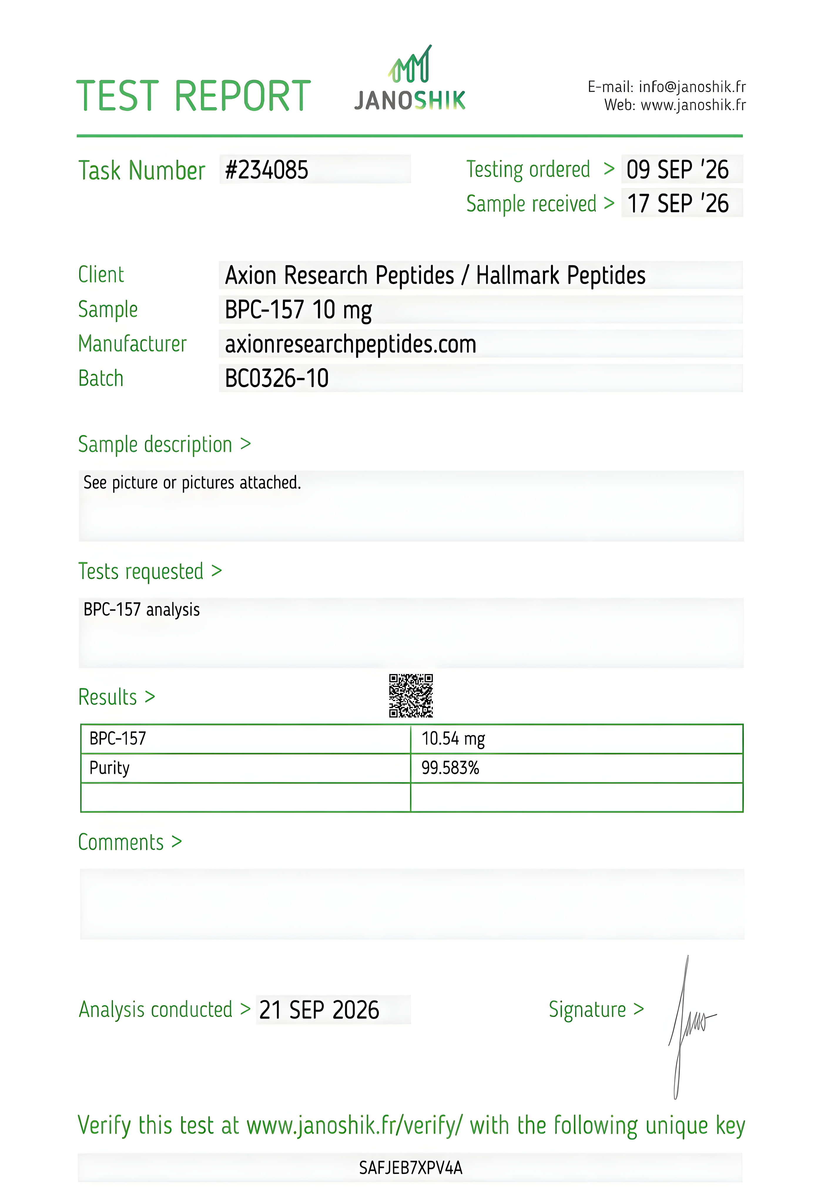Janoshik Analytical - Task #234085 BPC-157 10 mg