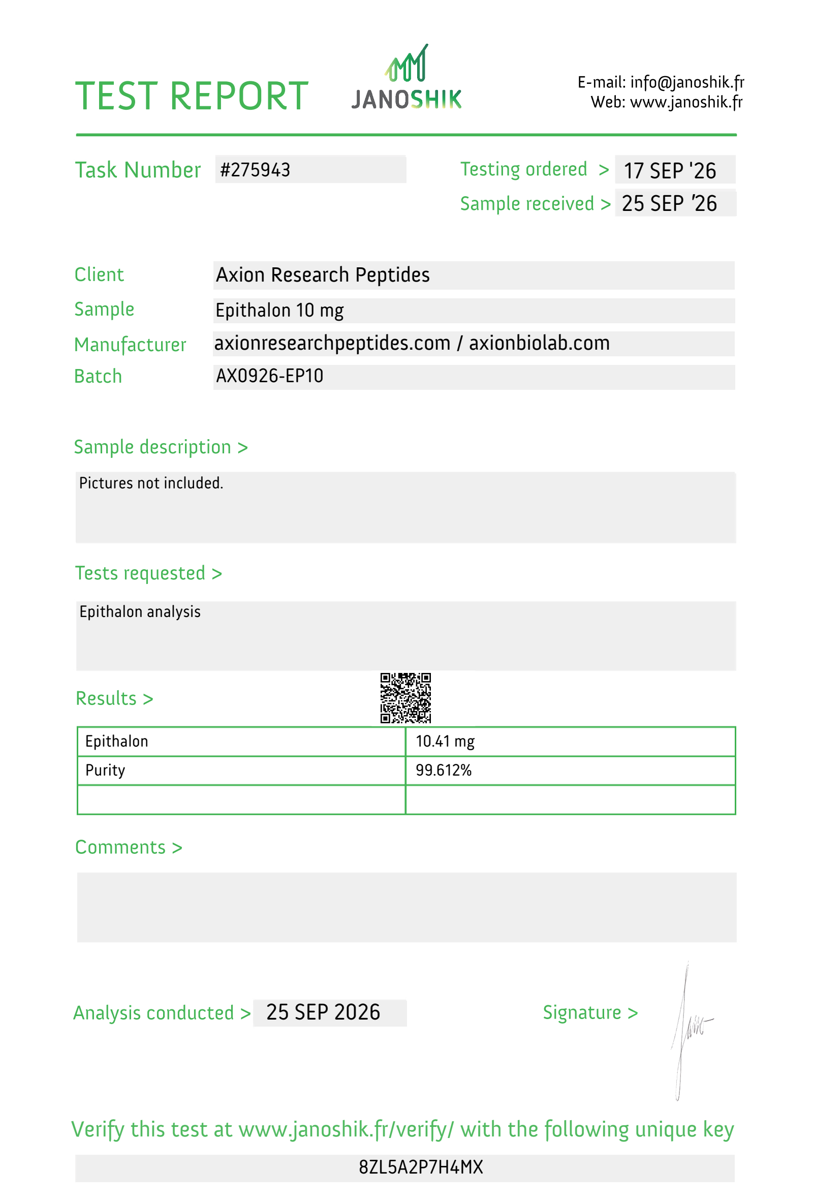 Janoshik Analytical - Task #275943 Epithalon 10 mg
