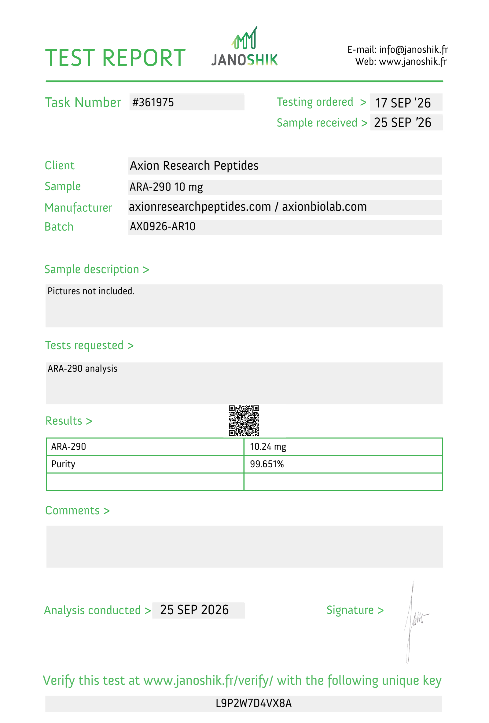 Janoshik Analytical - Task #361975 ARA-290 10 mg