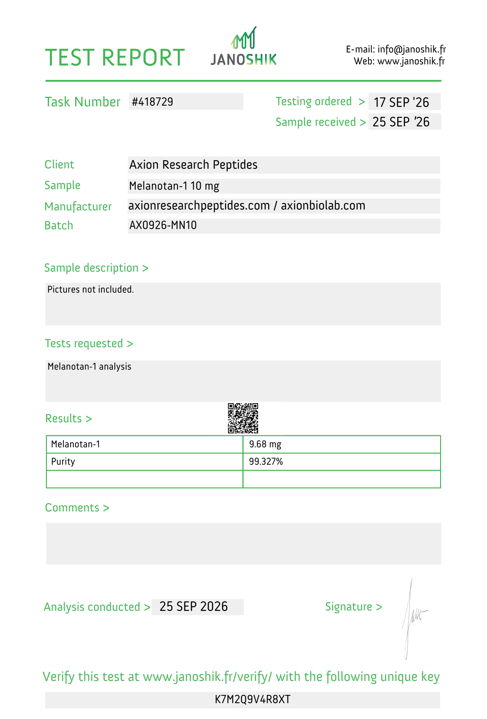 Janoshik Analytical - Task #418729 Melanotan-1 10 mg
