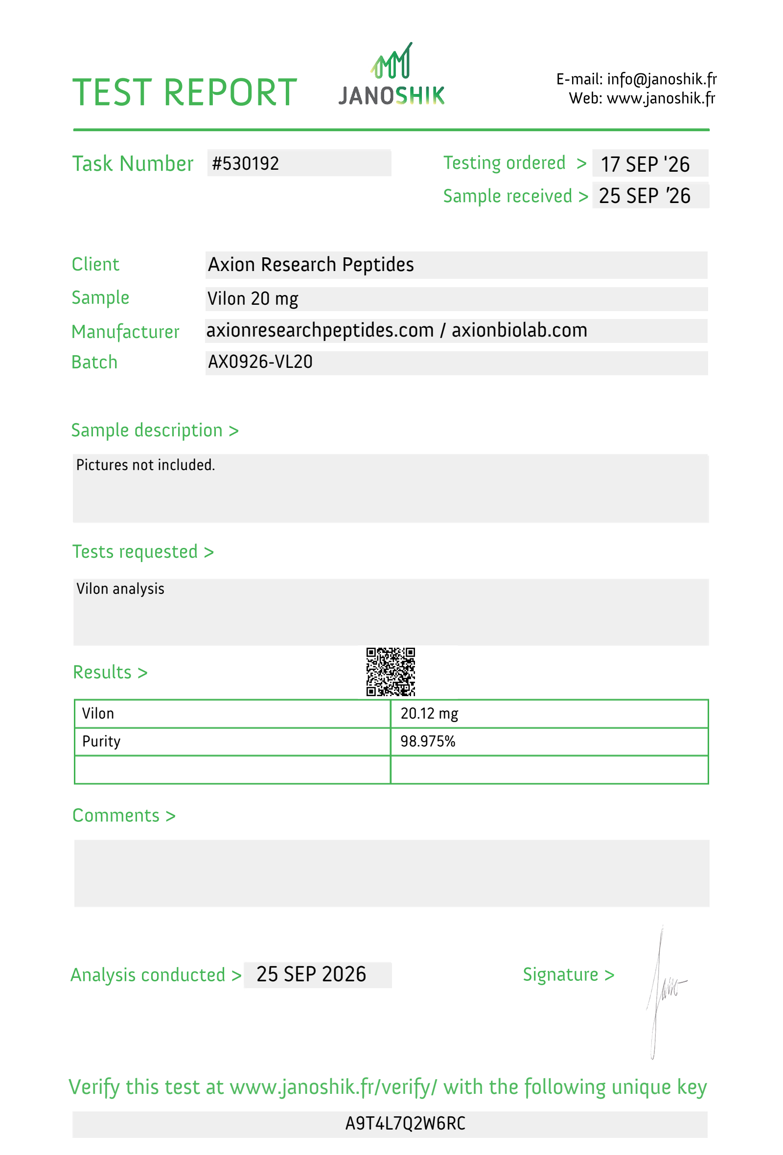 Janoshik Analytical - Task #530192 Vilon 20 mg